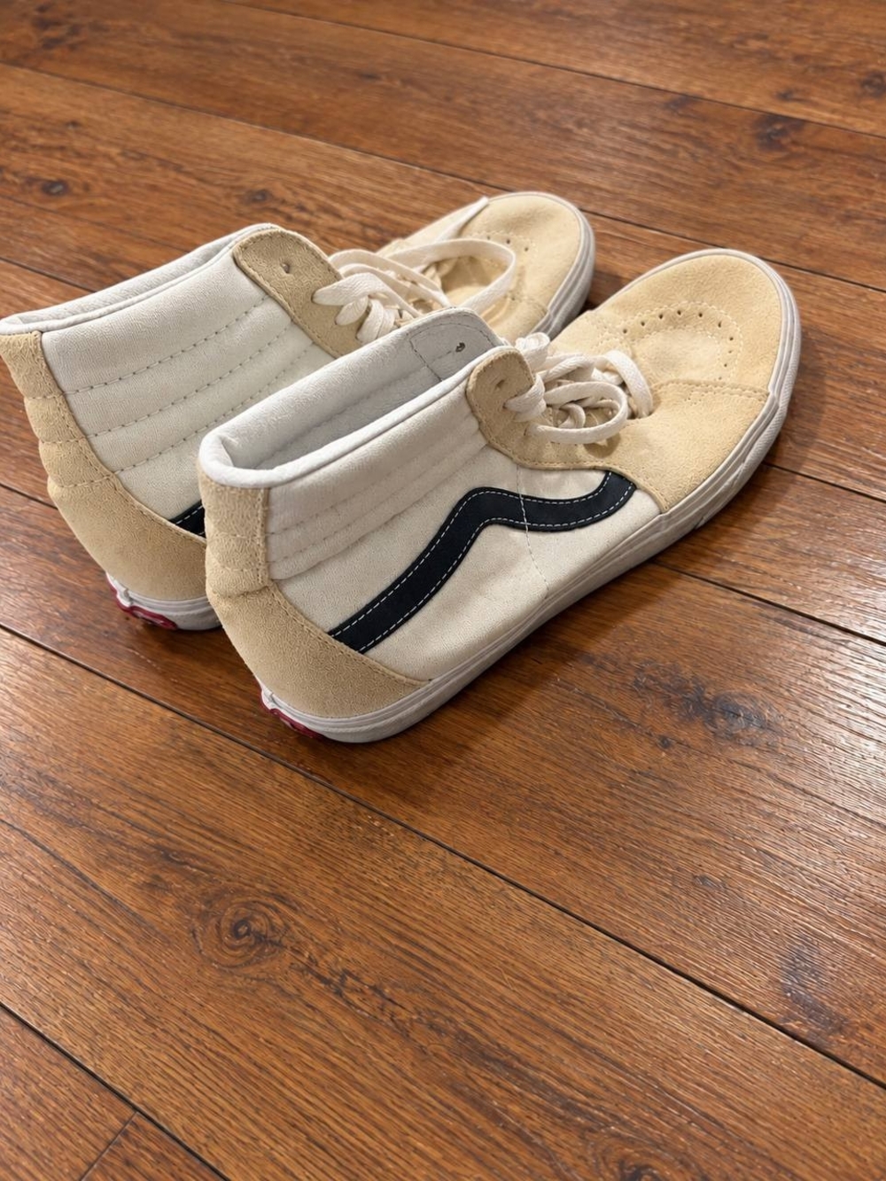 Vans High-Top Canvas & Suede Sneakers in Cream with Black Stripe
